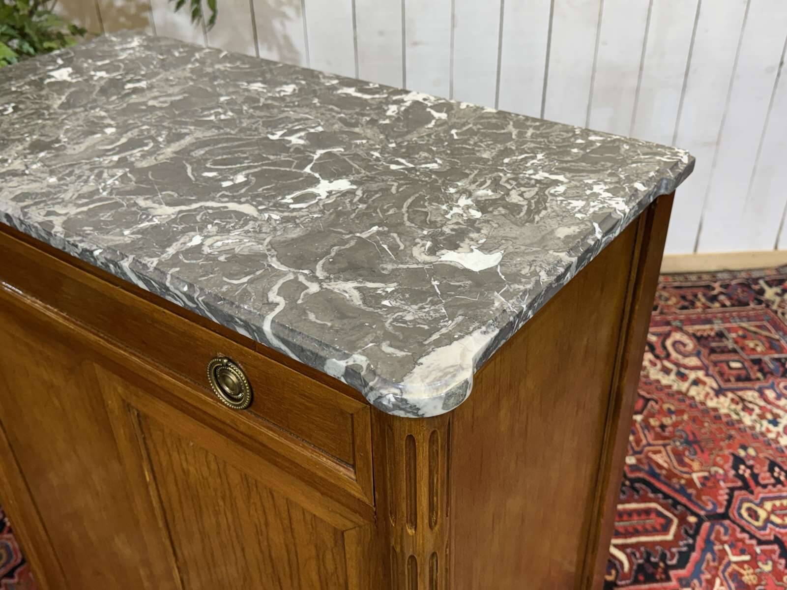 Small Louis XVI style cabinet in mahogany, oak, and marble top.