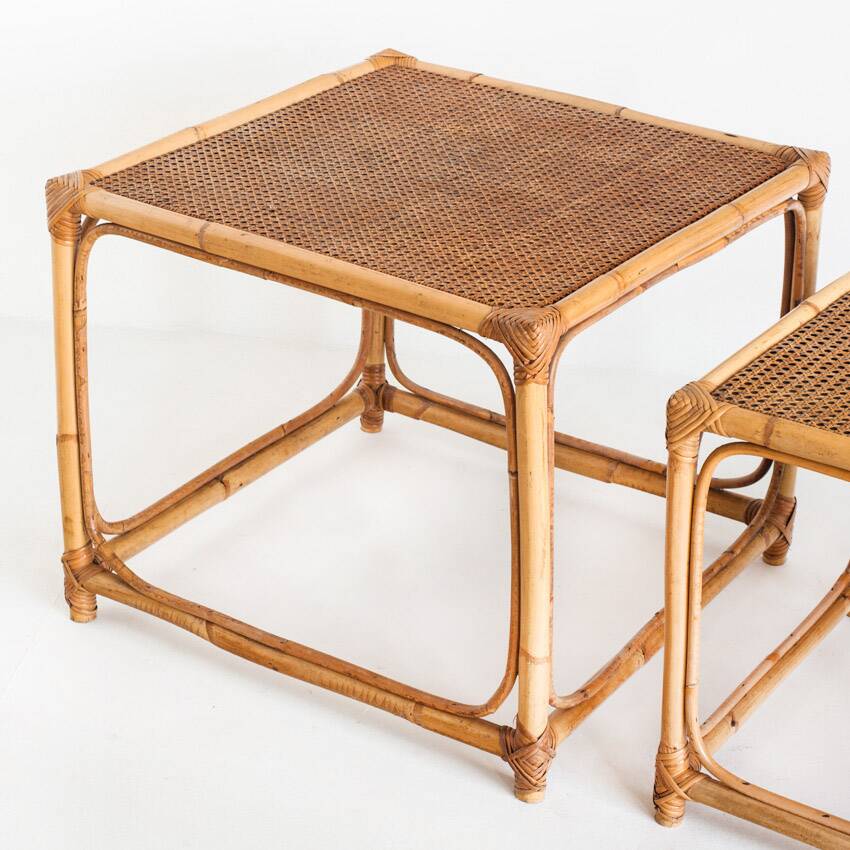 Set of three vintage nesting tables in cane. France, 1960s