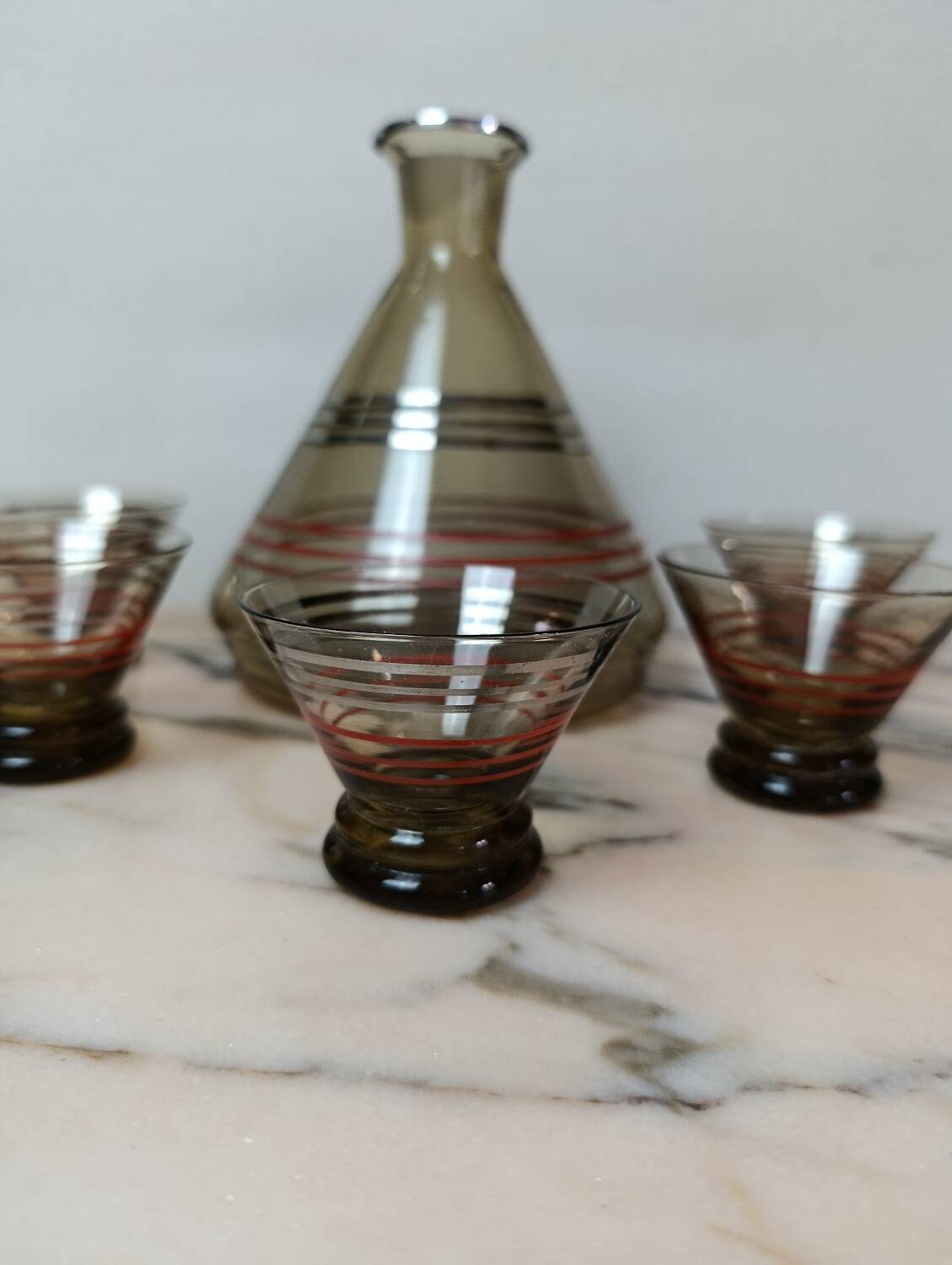 Art Deco liqueur service in smoked glass