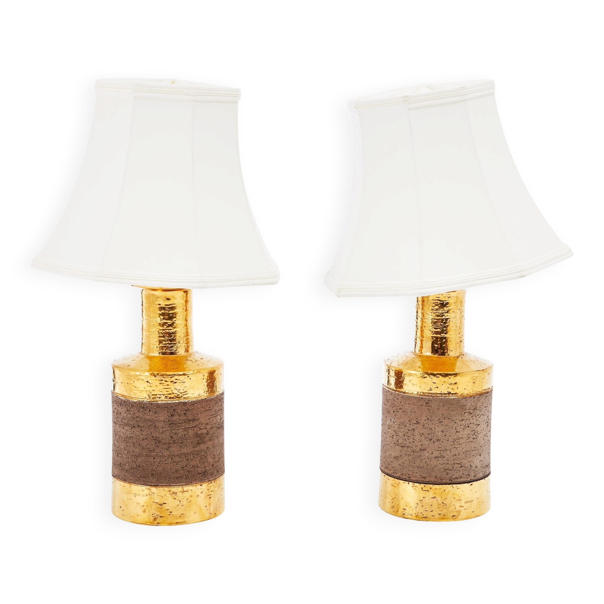 Pair of Bitossi table lamps in gilded ceramic, Italy, 1970.