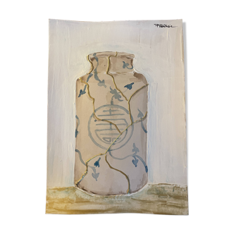Painting signed “Japanese Kintsugi vase” mixed media + iridescent gold