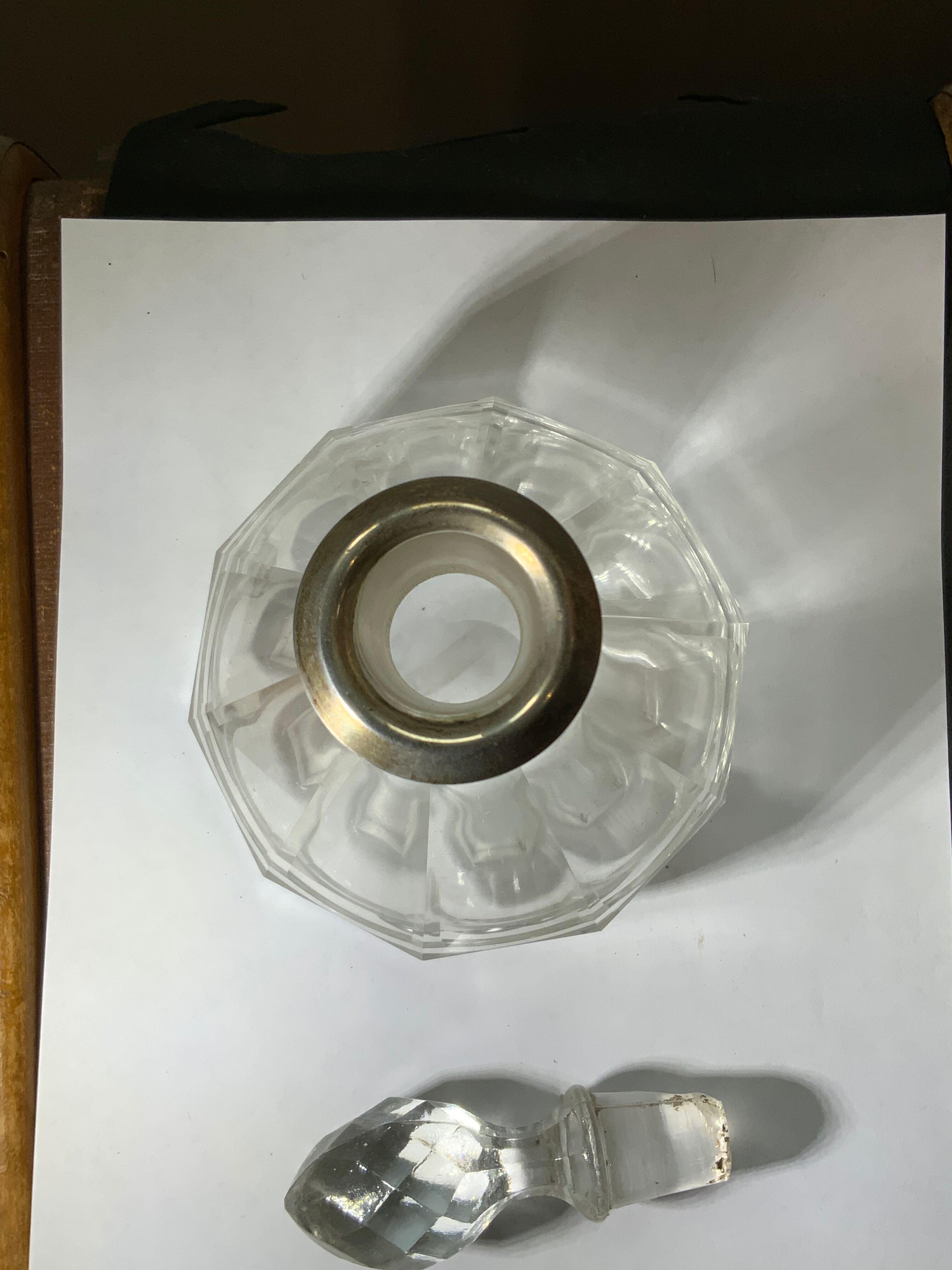 Antique crystal bottle with art deco hallmarked silver neck with facets