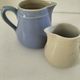 Duo of pastel ceramic milk jugs – Lavender blue & vintage cream