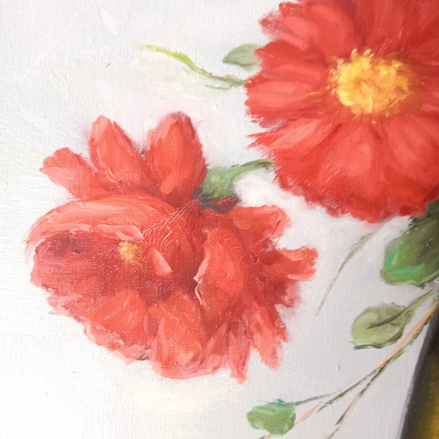 Bouquet of Red Flowers Still Life Canvas signed Golden Frame 54 x 62 cm