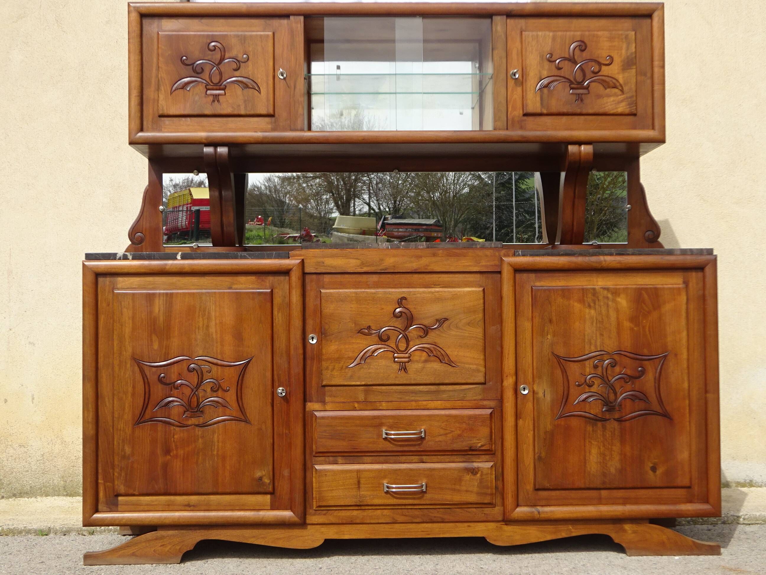 Large buffet with 2 bodies in walnut and marble