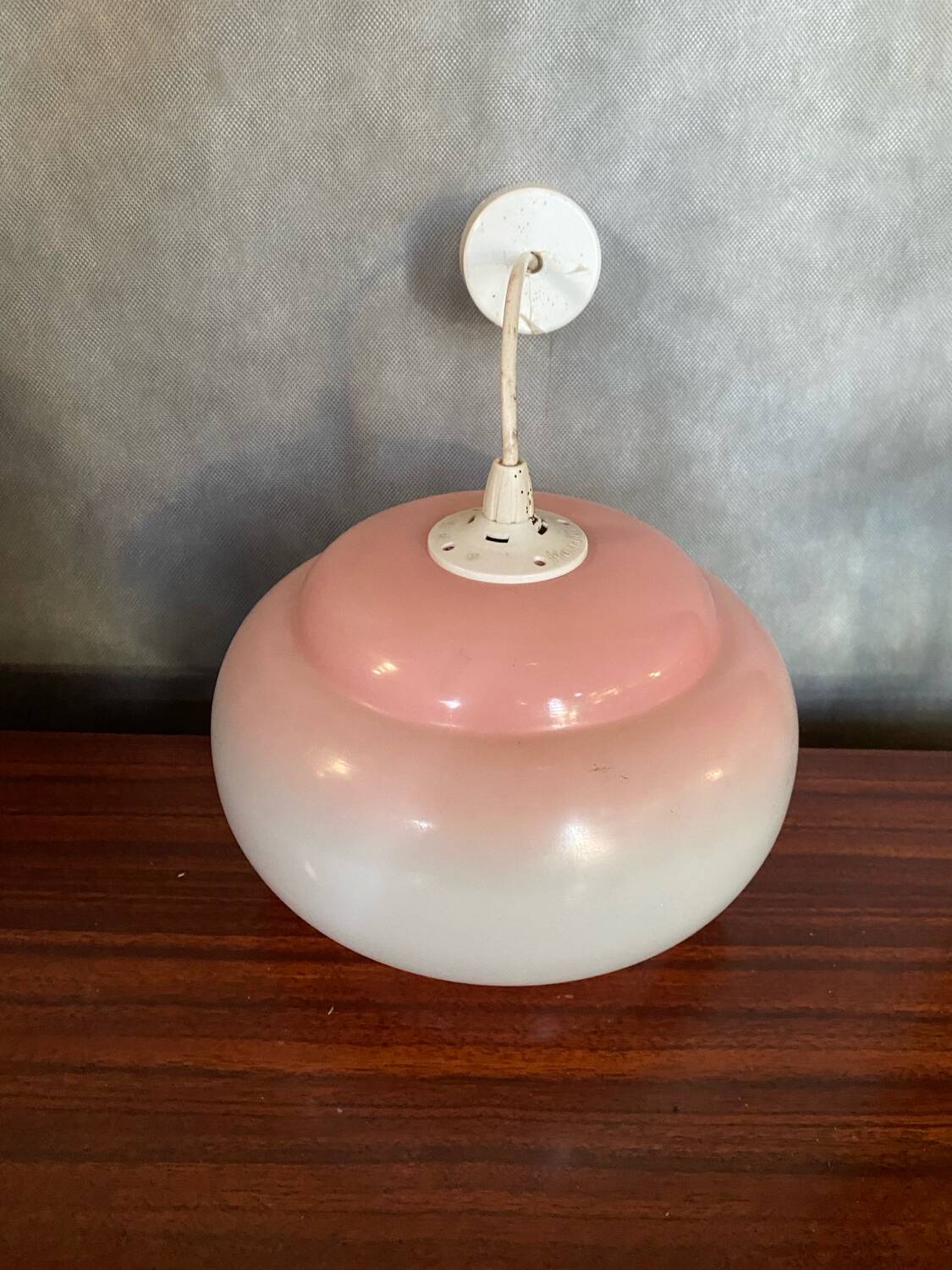 Old Opaline Pendant Light White & Pink 70s Vintage #B844