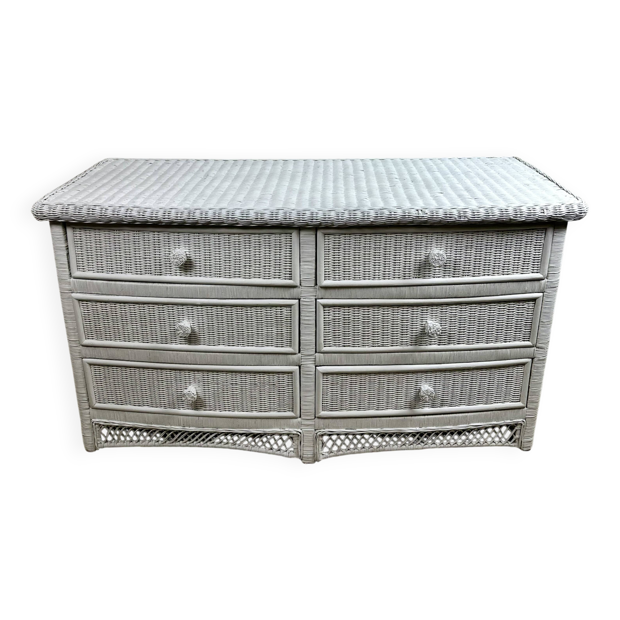Curved chest of drawers in white woven rattan 1980's