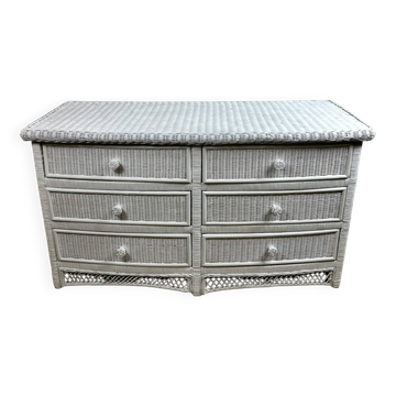 Curved chest of drawers in white woven rattan 1980's