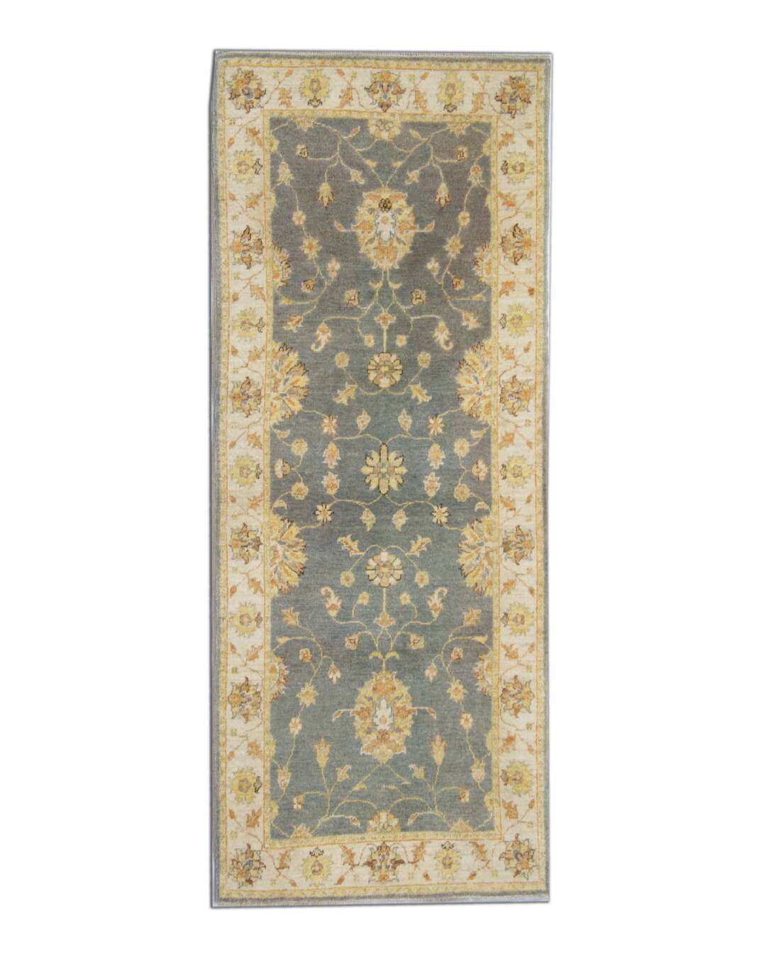 Tapis de couloir en laine grise, motif floral Ziegler fait main