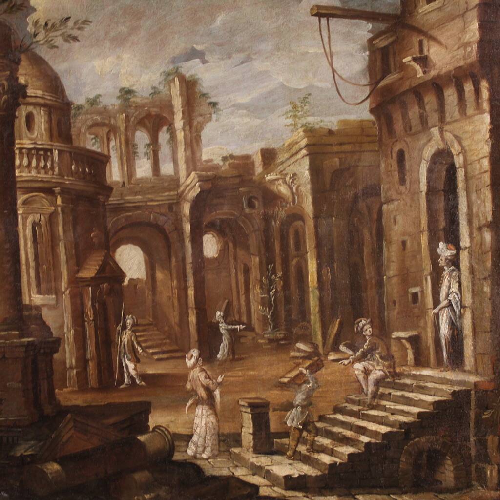 Antique Italian painting from the 18th century, Architectural Capriccio