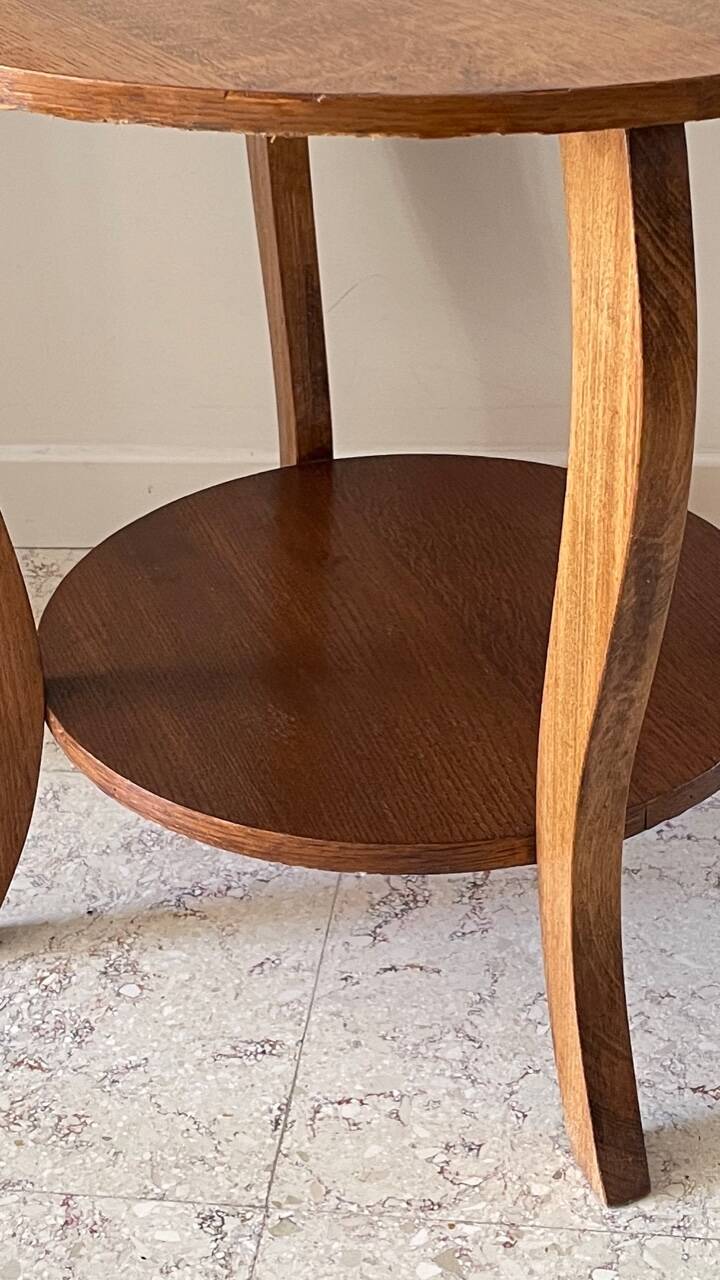Vintage round oak coffee table with 2 shelves
