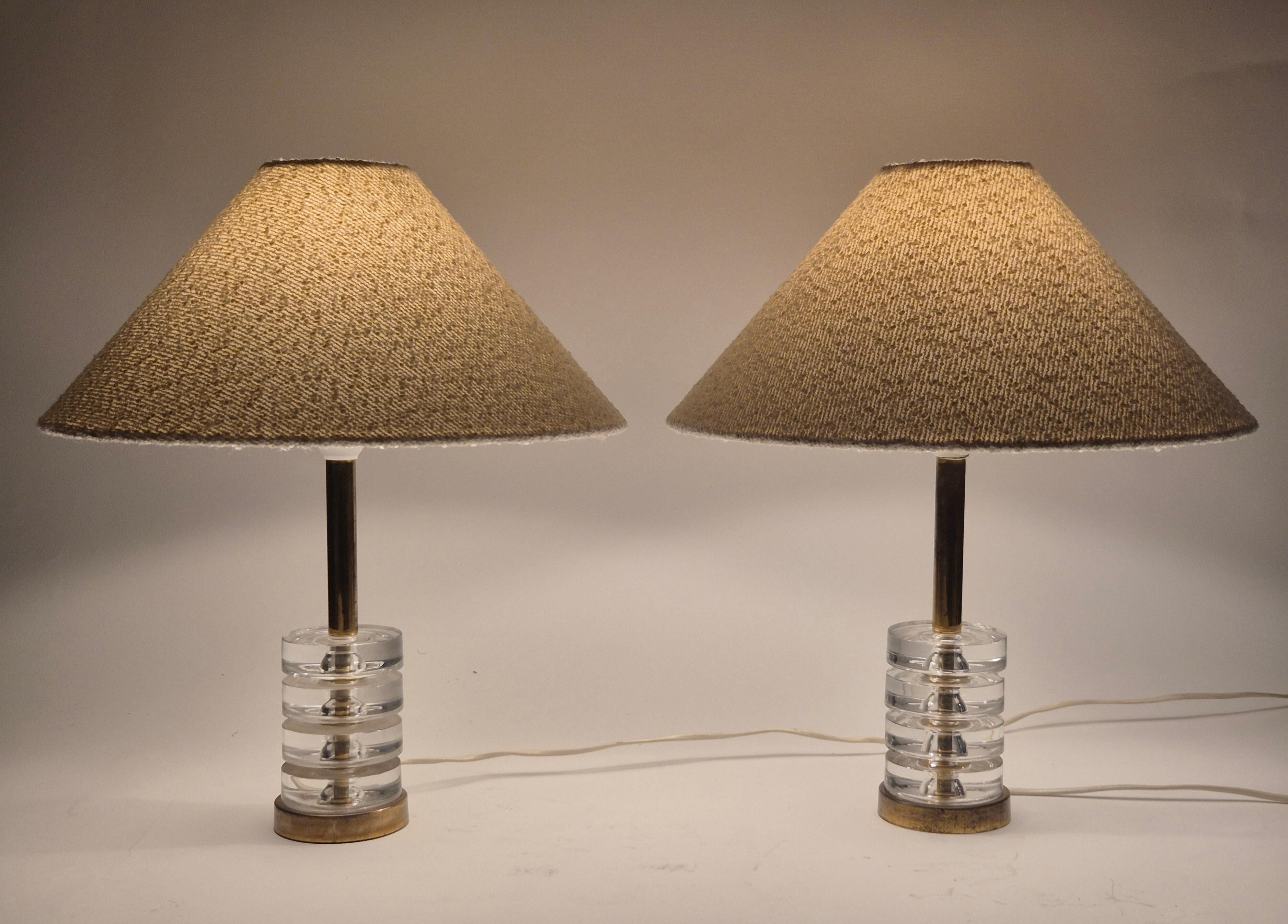 Timeless Pair of Scandinavian Modern Table Lamps with Orrefors Glass and Brass