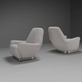 Pair of fabric and stainless steel lounge chairs by Gianni Moscatelli