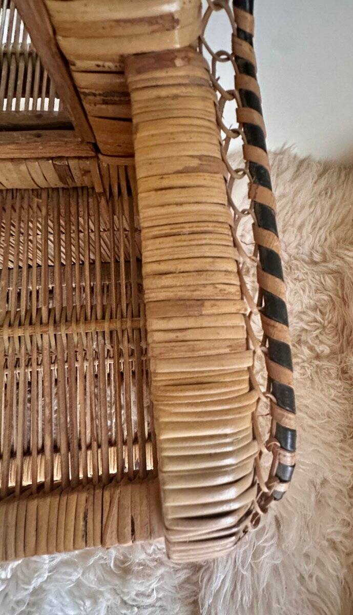 Woven rattan and wicker shelf mirror in the Emmanuelle style, Spain, 1970s.