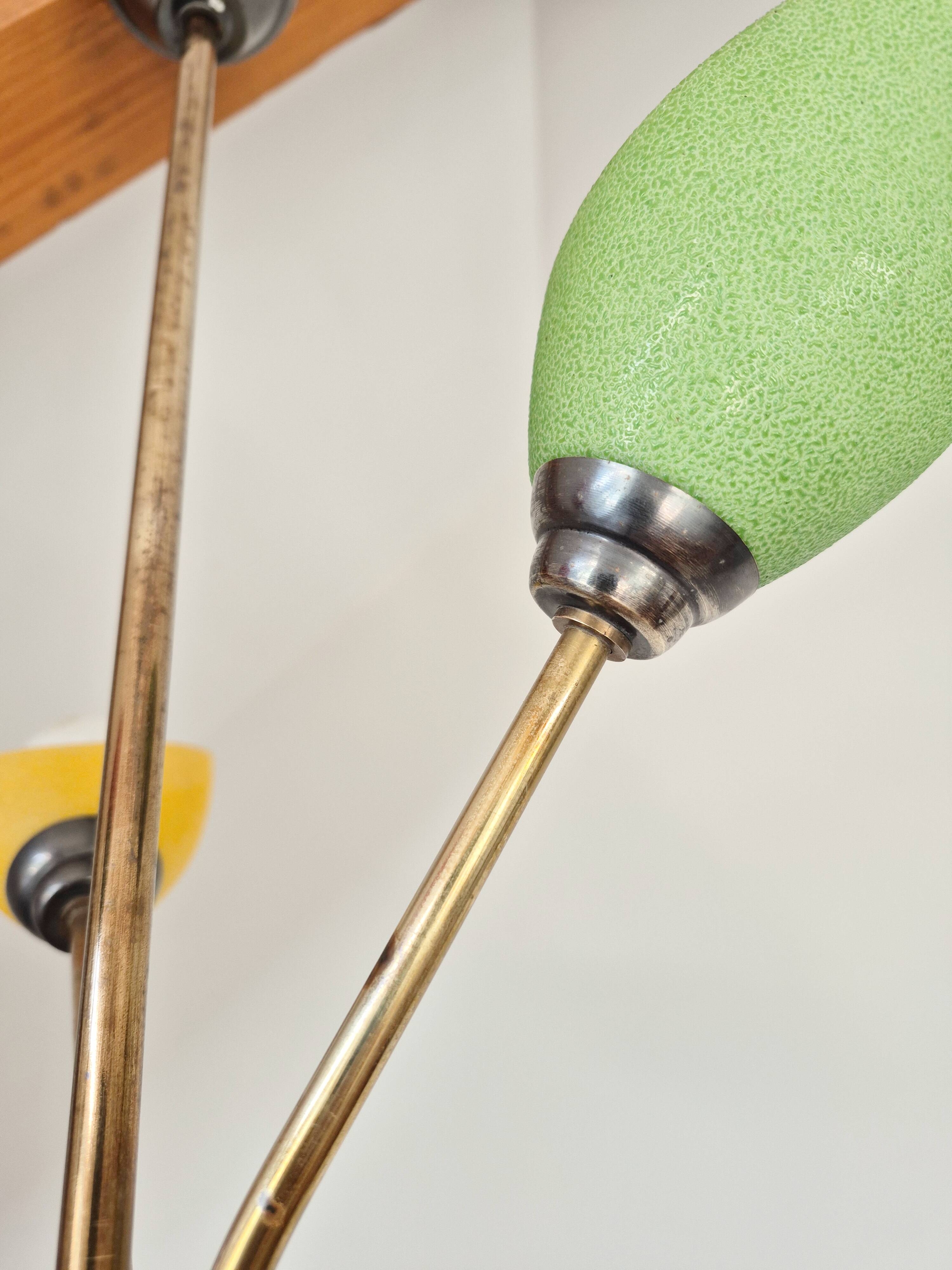 Pendant light, in brass and tricolor opaline glass