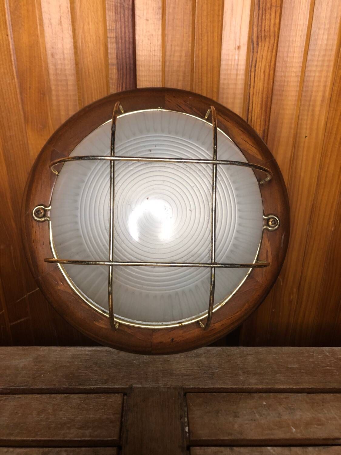 Old marine style ceiling light molded glass wood contour gold metal reinforcement #a624