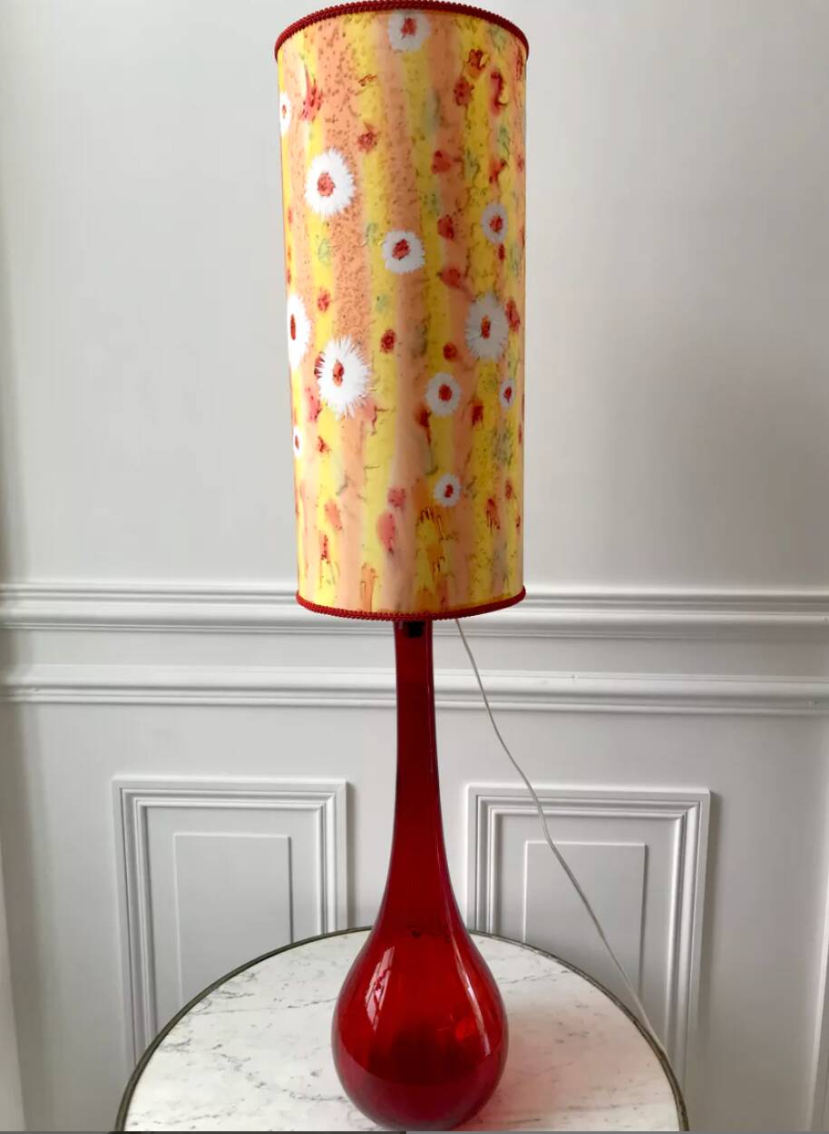 Large red Murano style Italian blown glass lamp and seventies lampshade from the 70s