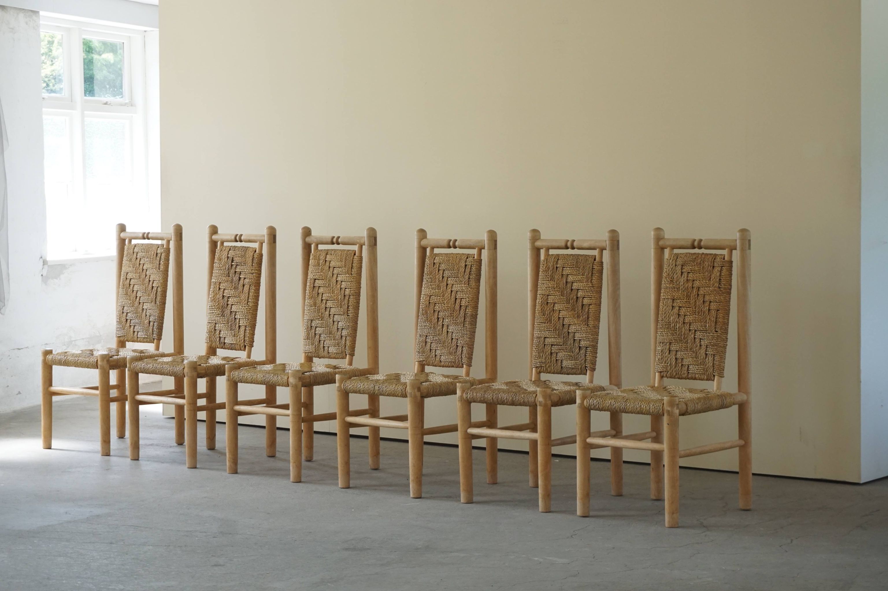 Set of 6 French Mid Century Naturalist Woven Highback Chairs in Solid Elm, 1960s