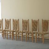 Set of 6 French Mid Century Naturalist Woven Highback Chairs in Solid Elm, 1960s