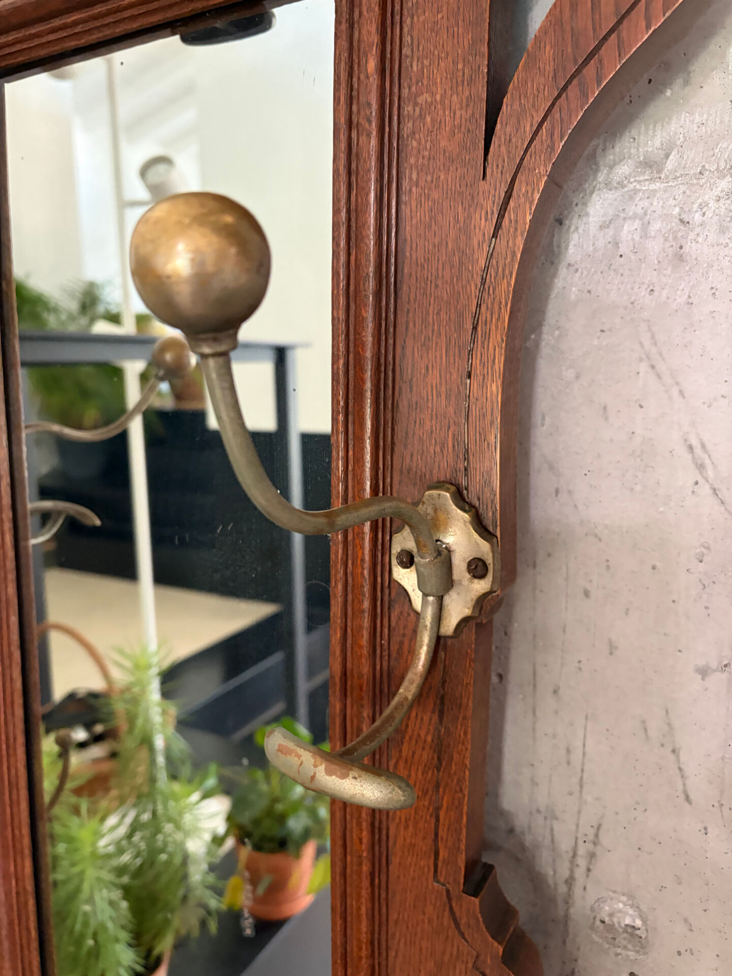 Antique oak carved coat stand, mirror and umbrella stand — late 19th century