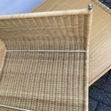 Pine wood and ratan table with 2 ottomans