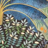 Painted canvas depicting monkeys on a fruit tree. Contemporary.