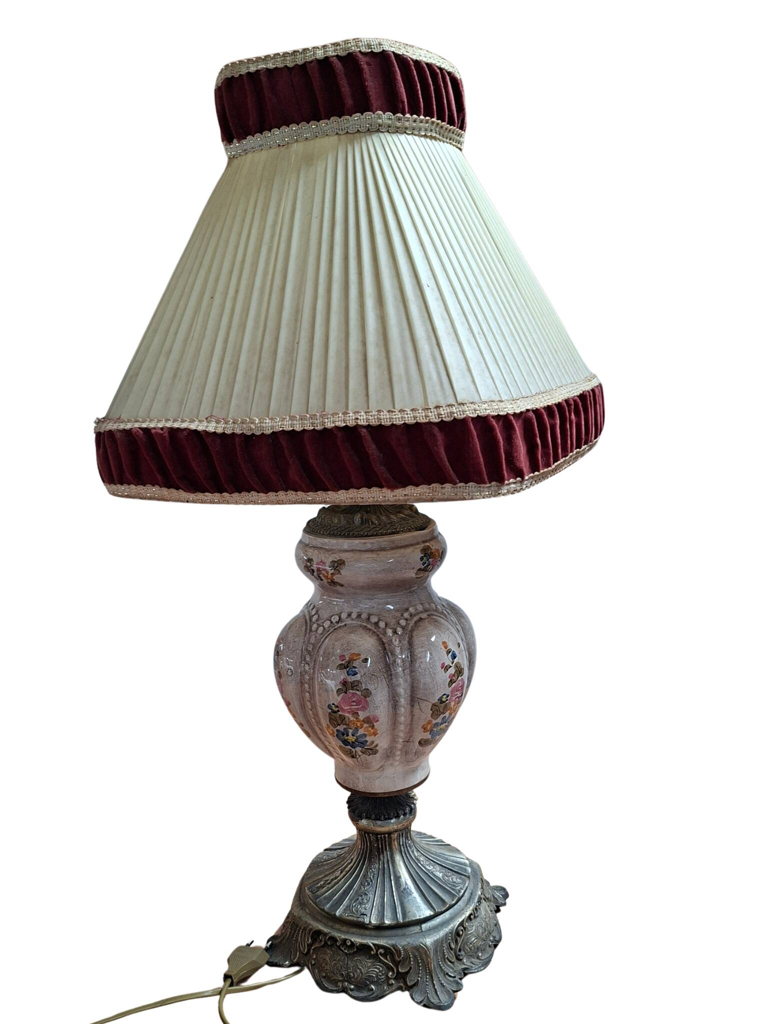Lampada da Tavolo Vintage in Ceramica dipinta a mano e Velluto Bordeaux