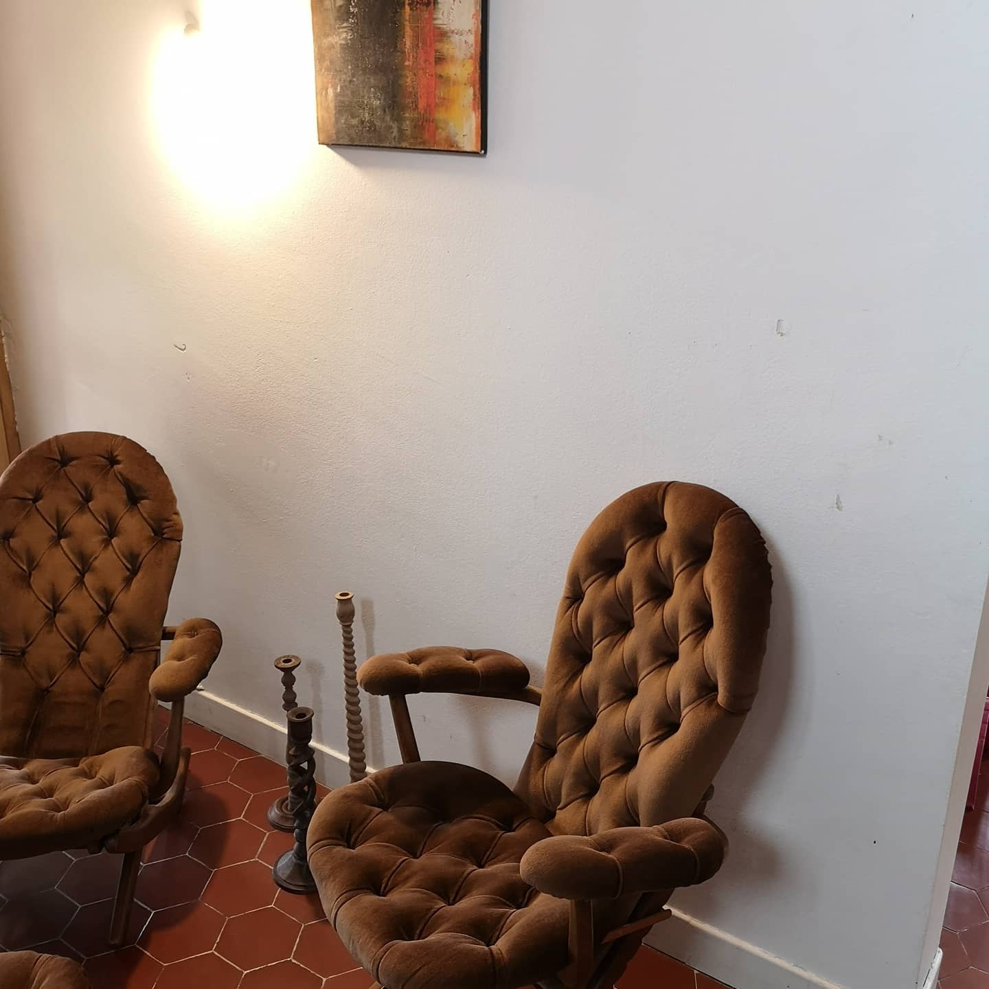 Pair of velvet folding chairs and an ottoman 1950