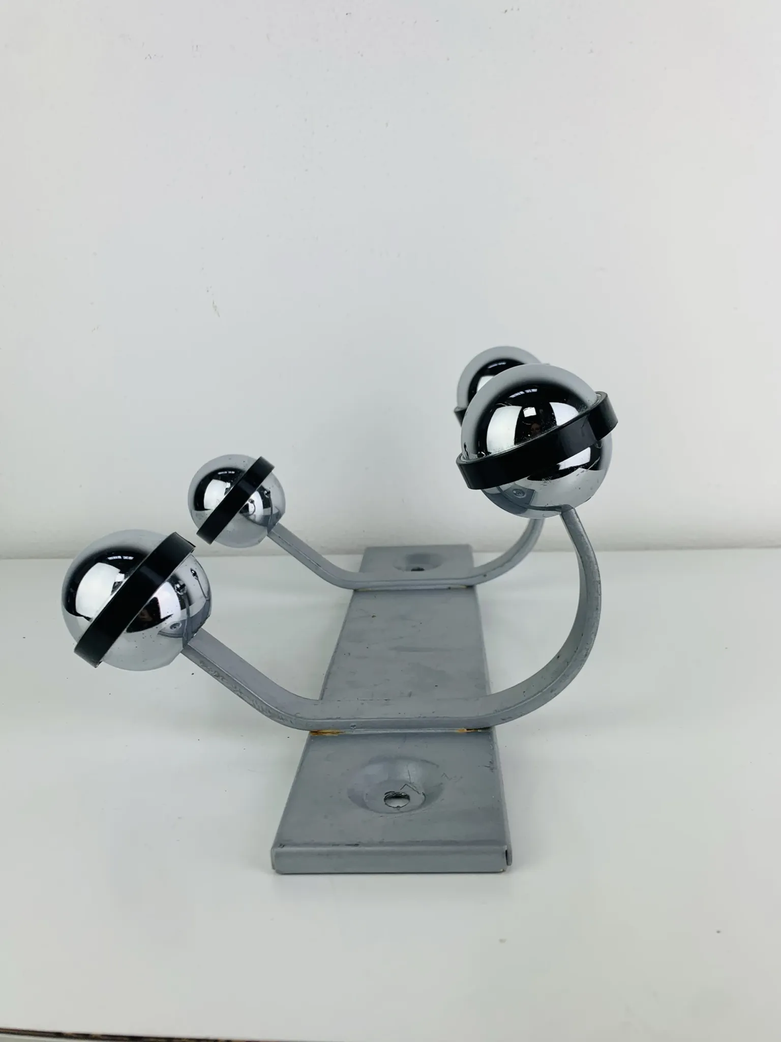Wall-mounted coat rack, double chrome and grey metal hook, vintage