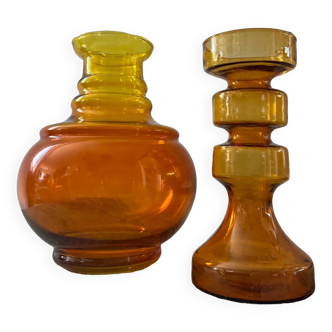 Duo of vintage amber glass vases