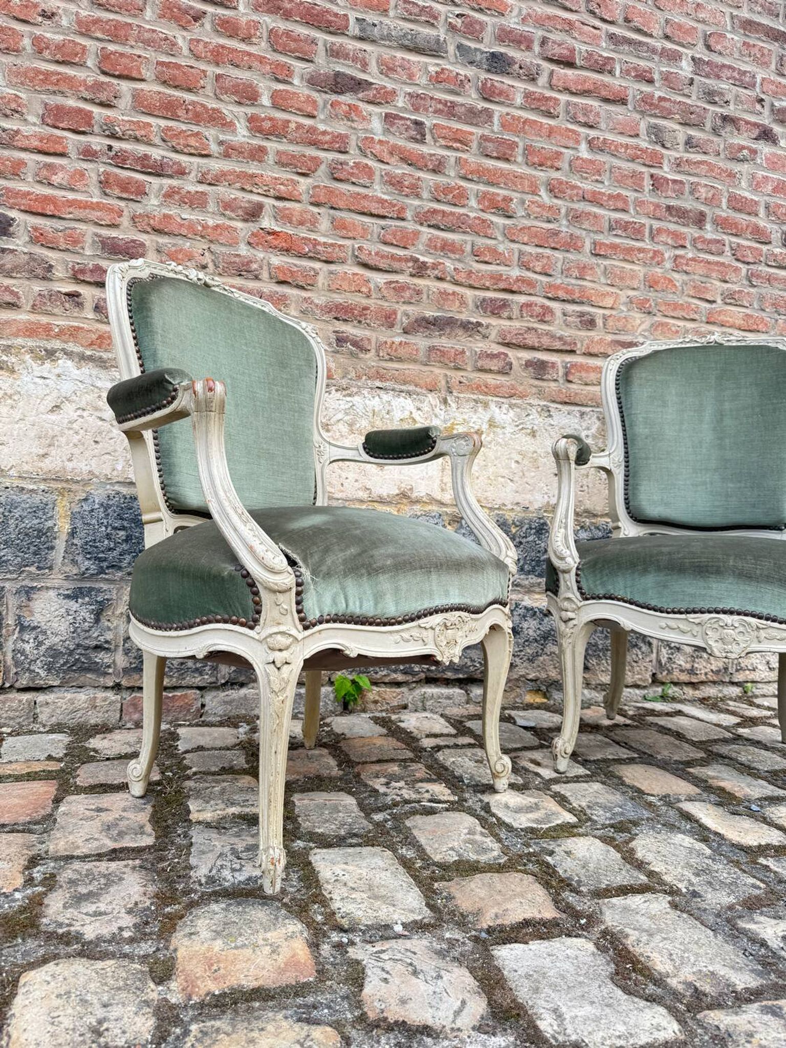 Pair Of Louis XV Style Lacquered Wood Armchairs XIX Eme Century