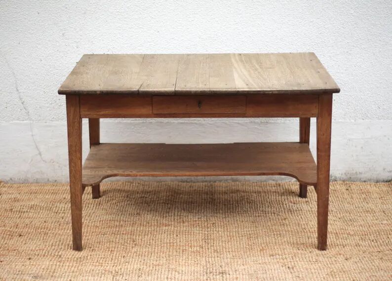 Antique oak kitchen table, office or work table, wooden furniture, decor, 19th century.