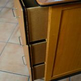 Beech and orange leatherette desk with 3 drawers, 60s/70s