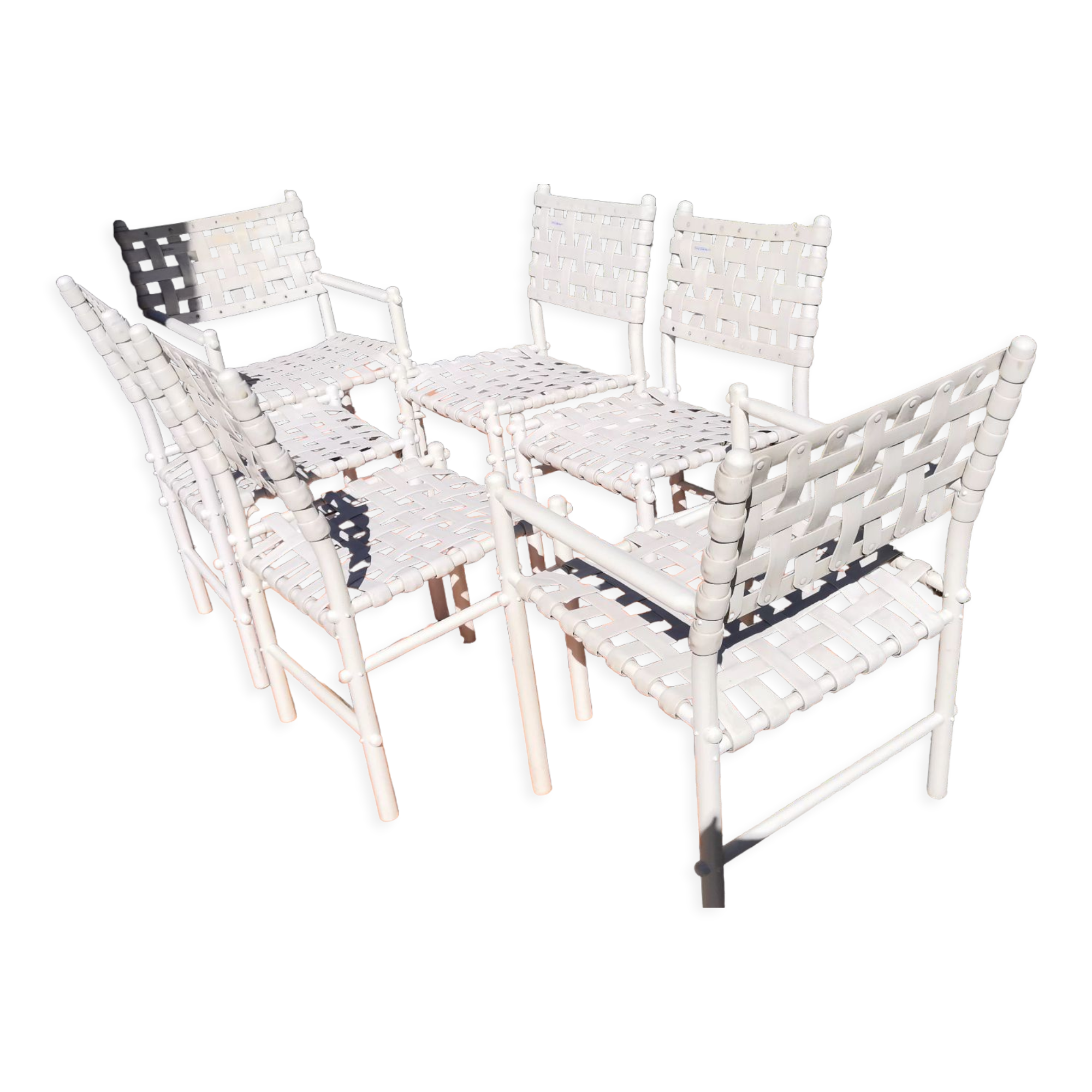 4 chairs & 2 vintage woven lounge armchairs triconfort, 1980 France