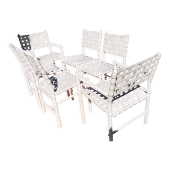 4 chaises & 2 fauteuils lounge tressés vintage triconfort, 1980 france