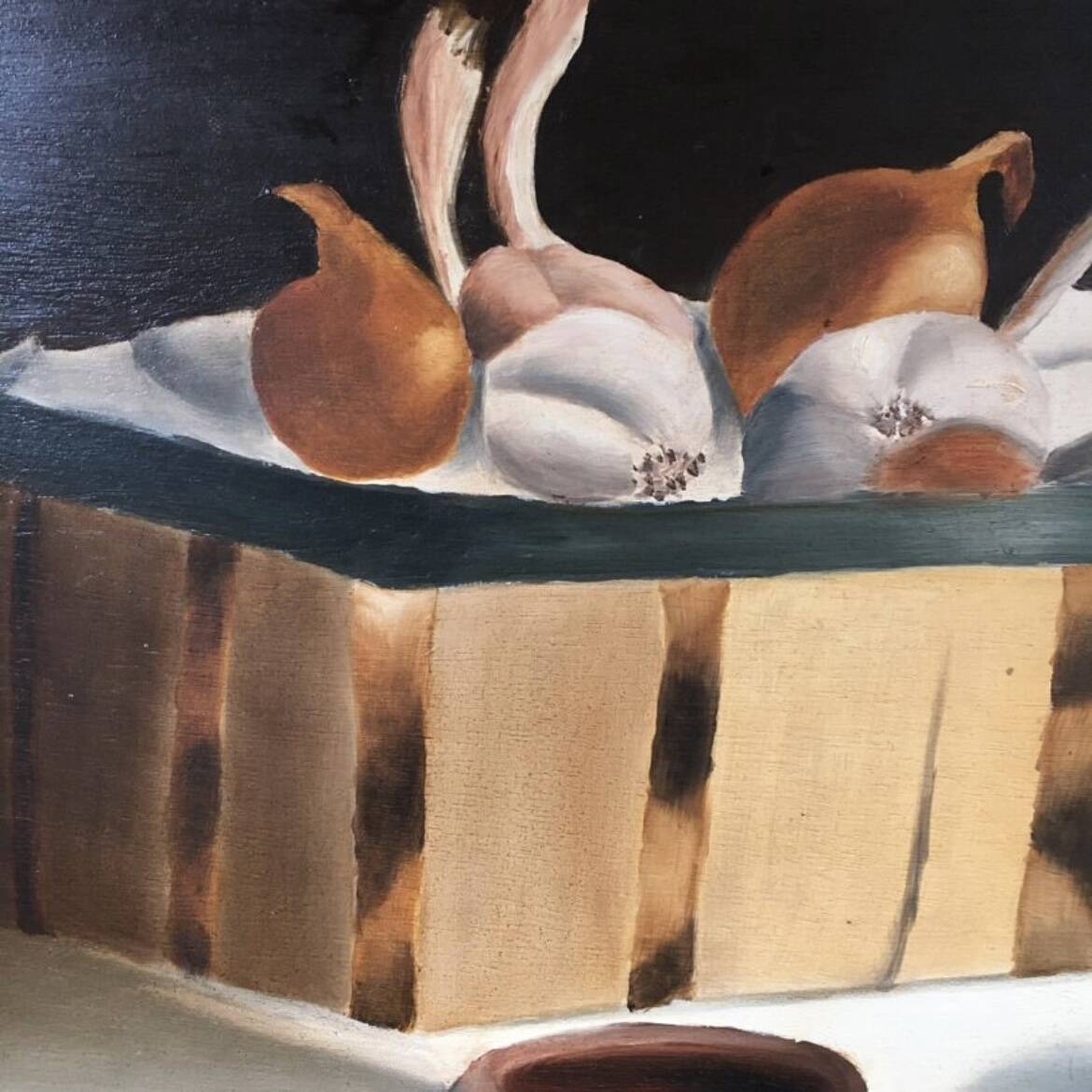 Still life painting of pots and vegetables