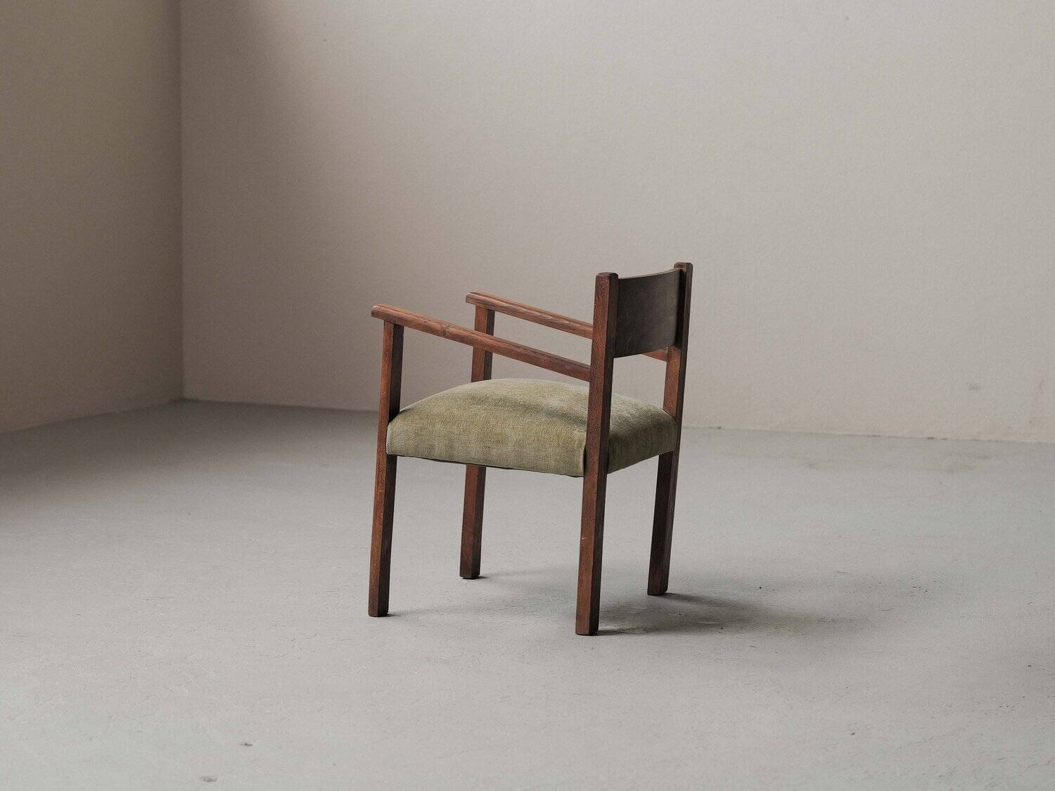 French modernist armchair in wood and green velvet, 1950s