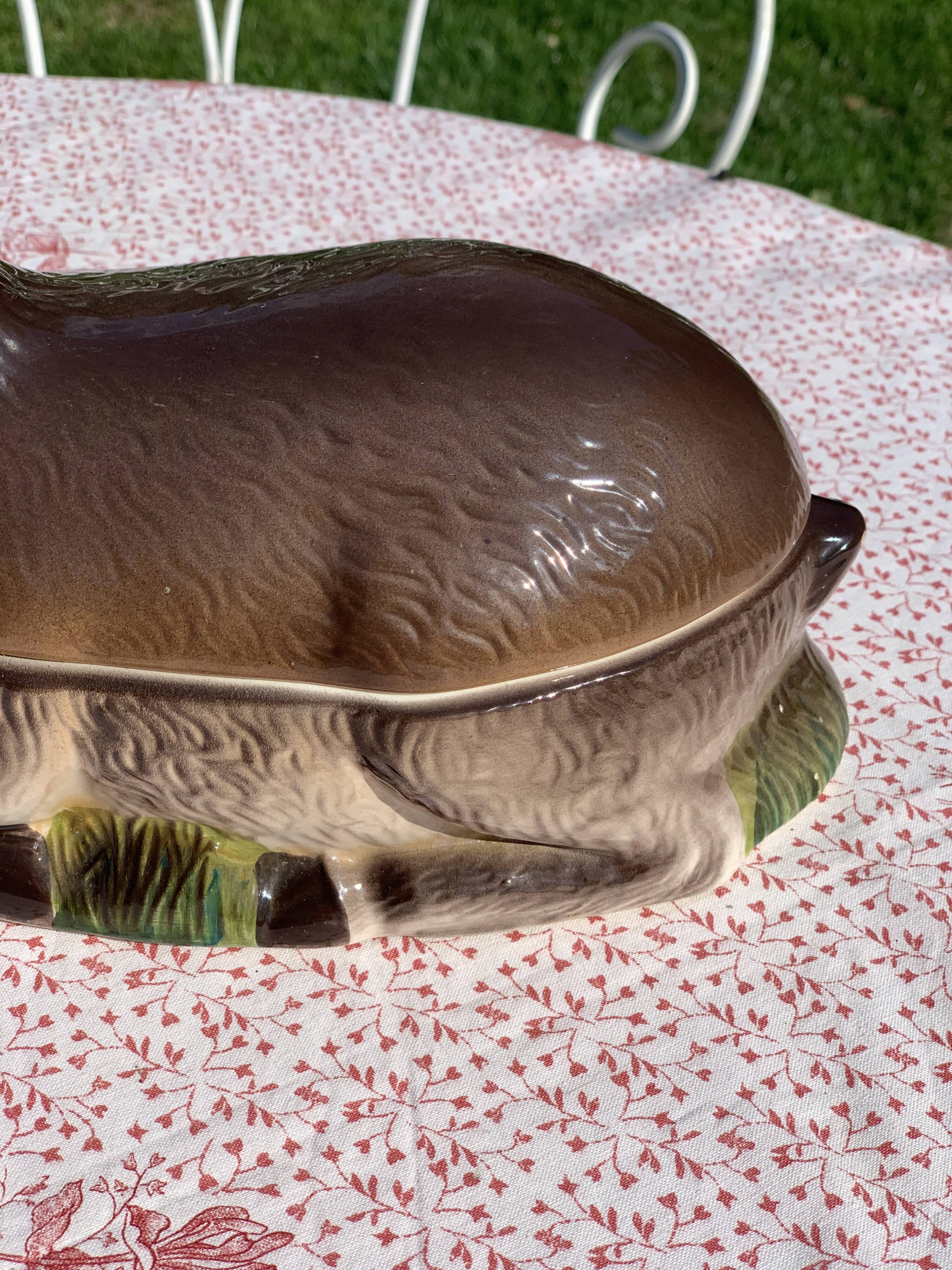 Ancient zoomorphic terrine in the shape of a deer, enamelled earthenware, Caugant