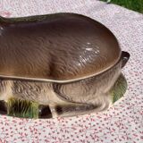 Ancient zoomorphic terrine in the shape of a deer, enamelled earthenware, Caugant