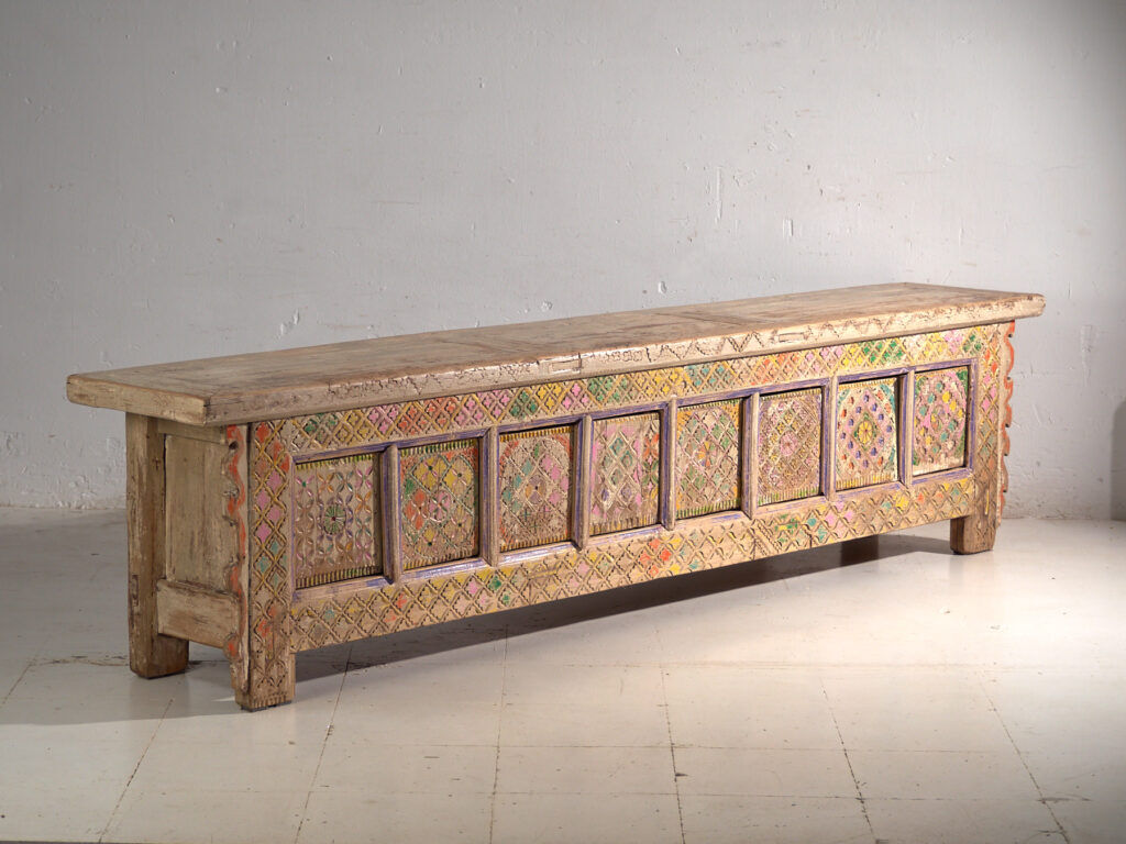 Antique polychrome carved low cabinet in pine – Xinjiang, circa 1900