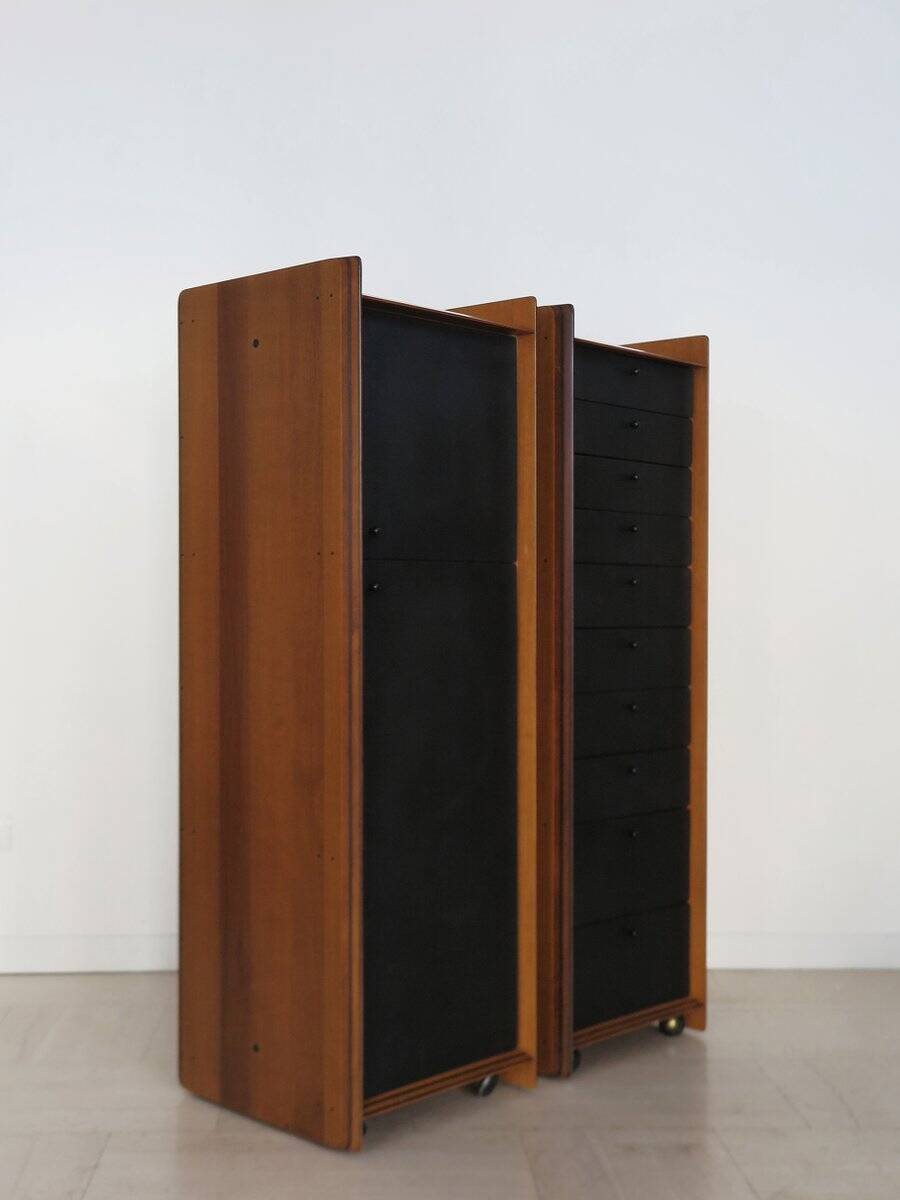 Vintage Container and Chest of Drawers Set in Wood and Leather by Afra & Tobia Scarpa for Maxalto, Italy, 1970s, Set of 2