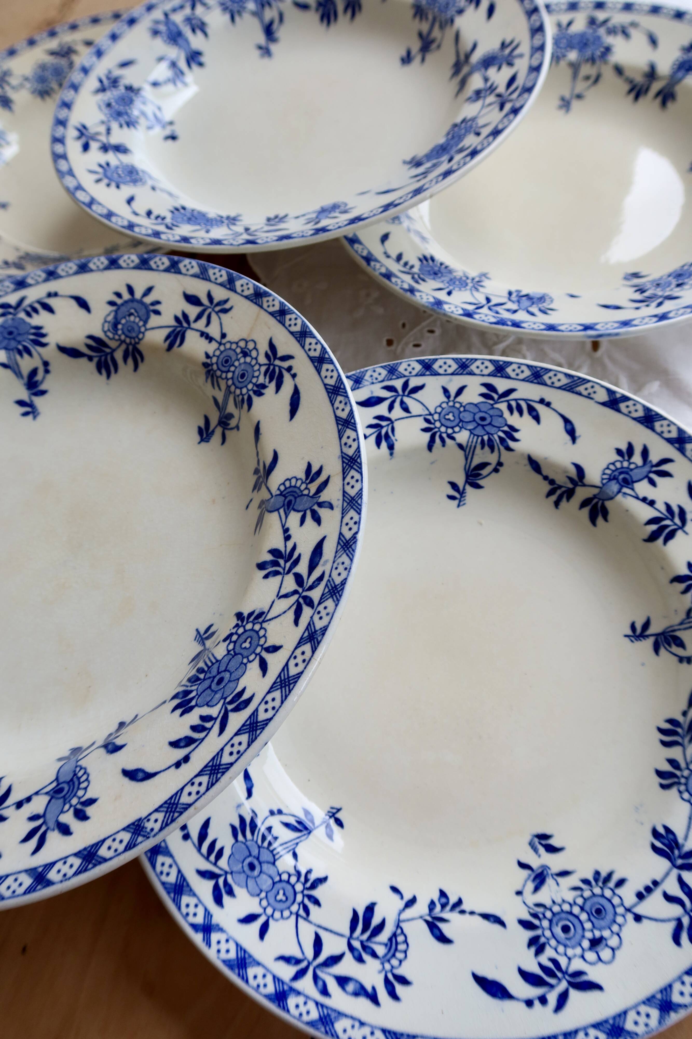 6 antique deep plates, blue and white Dresden porcelain