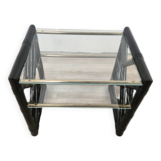 Table basse en osier laqué noir avec deux plateaux en verre