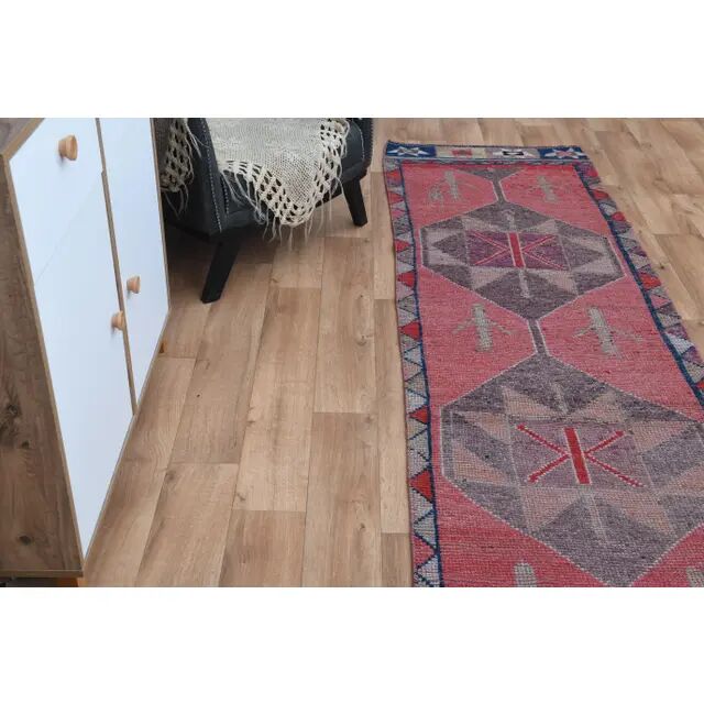 Pink Vintage Turkish Oushak Handmade Wool Tribal Runner Rug 85x378