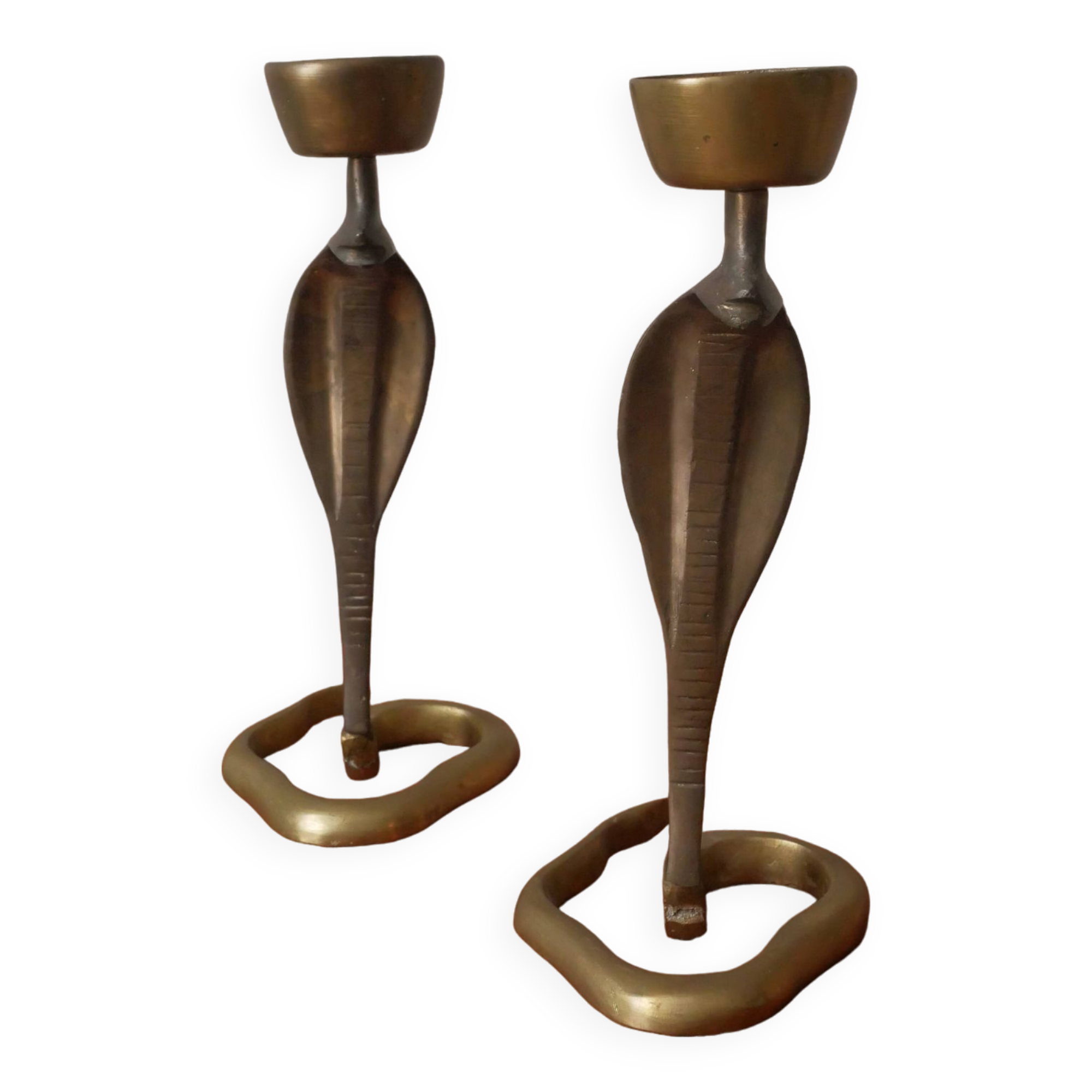 Pair of bronze cobra candlesticks, tribal ethnic decorative object, handcrafted