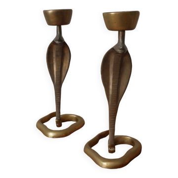Pair of bronze cobra candlesticks, tribal ethnic decorative object, handcrafted
