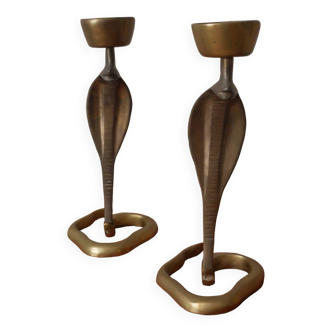 Pair of bronze cobra candlesticks, tribal ethnic decorative object, handcrafted