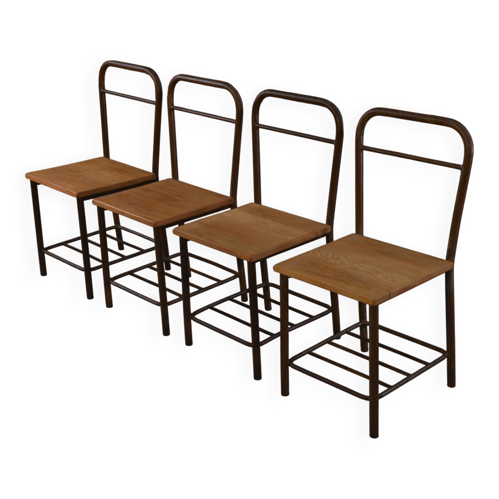 Set of 4 industrial oak chairs, 1950