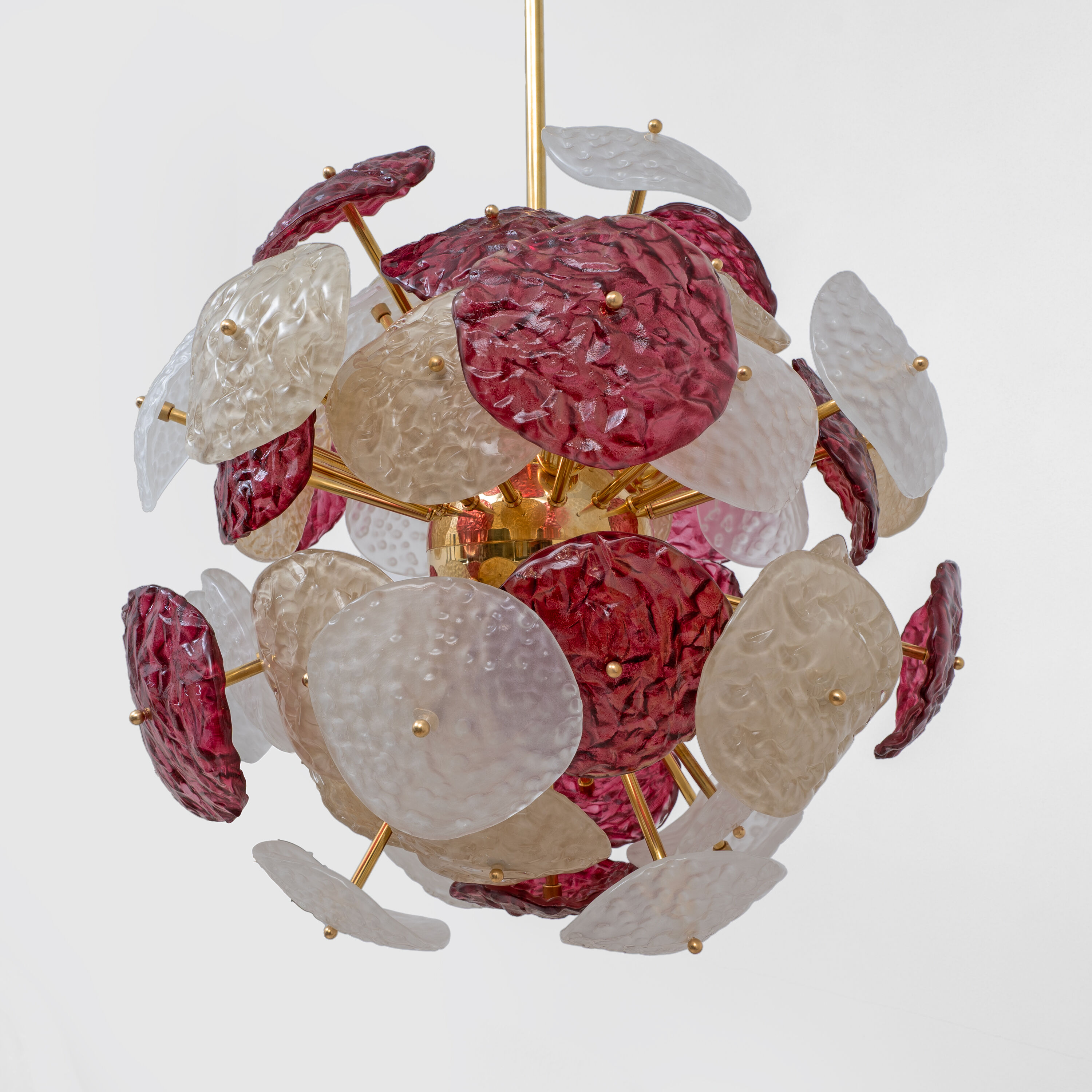 Murano Glass and Brass Sputnik Chandelier Cherry Red, White and Champagne