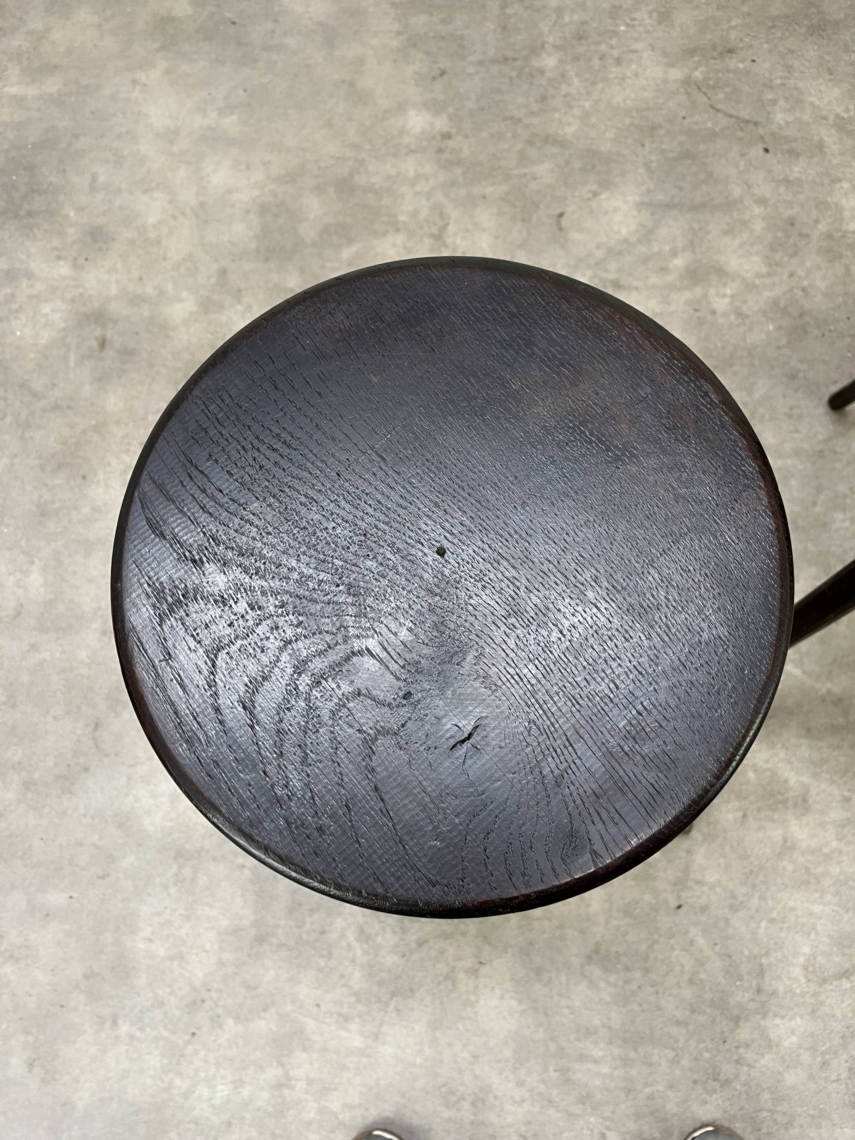 4 brutalist tripod bar stools, solid wood, 1950s